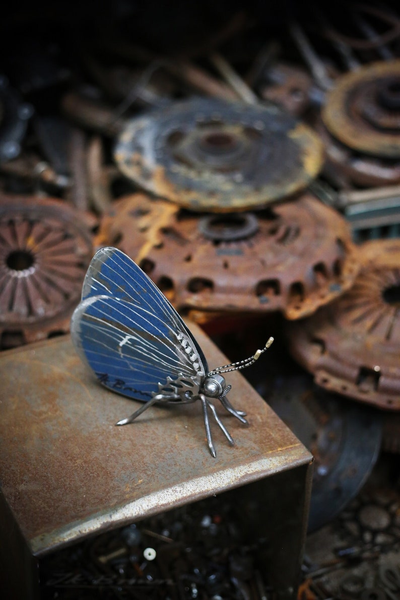 May include: A blue and silver metal butterfly sculpture with intricate details. The sculpture is sitting on a rusty metal surface.