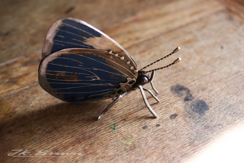 May include: A blue and gold metal butterfly sculpture with intricate details. The butterfly is made of recycled metal and has a steampunk aesthetic.