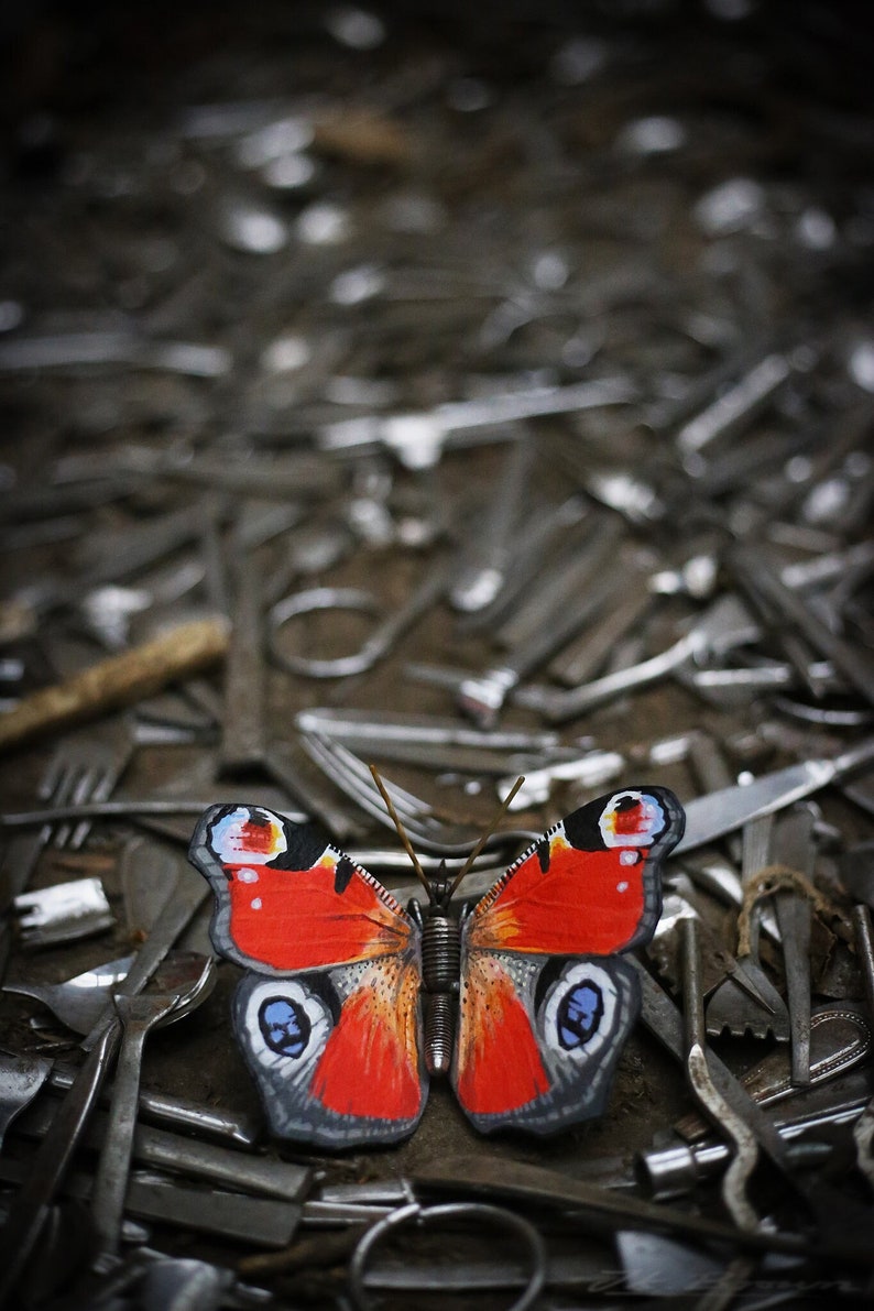 Metal Butterfly Sculpture, Scrap Metal, Peacock Butterfly, Oil Painted, Original Artwork, UK Wildlife. image 1