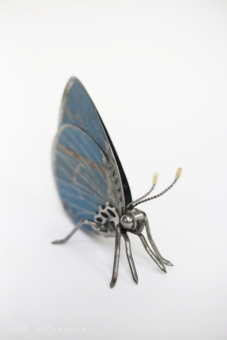 May include: A blue metal butterfly sculpture with intricate details. The wings are made of metal and have a textured surface. The butterfly is standing on six metal legs.