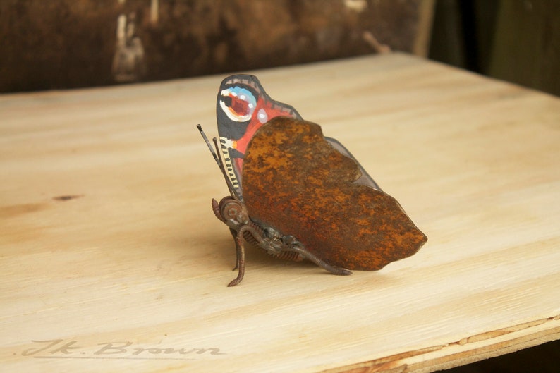Metal Butterfly Sculpture, Scrap Metal, Peacock Butterfly, Oil Painted, Original Artwork, UK Wildlife. image 3