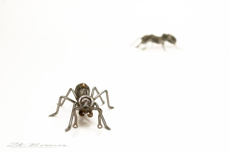 May include: Two silver metal ants, one facing the camera and the other facing away, are on a white surface.