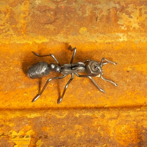 May include: A metal ant sculpture made from recycled materials, such as nuts, bolts, and chain links. The ant is posed on a rusty metal surface.