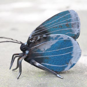 May include: A blue metal butterfly sculpture with intricate details. The wings are made of metal sheets and have a textured surface. The butterfly is perched on a gray surface.