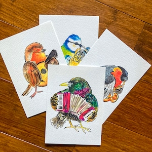 4 A6 British Garden Vogel Postkarten- Illustration Kunst Malerei Blaumeise Starling Rotkehlchen Rotkehlchen niedlich