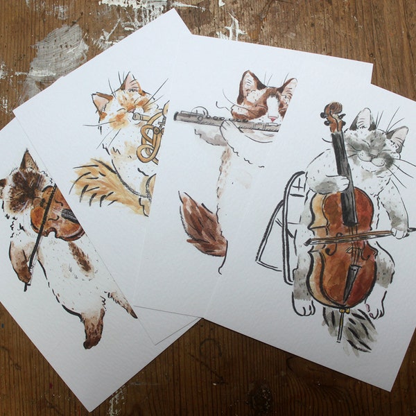 OrCATstra- Mewsicians- Ragdoll cat orchestra- French Horn- Violin- Cello- Flute- Violinist- French Horn player- Flutist- Cellist- postcards