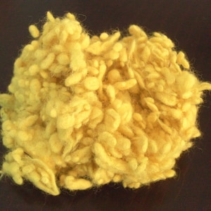 Può includere: Primo piano di un ammasso di fibre di lana di colore giallo brillante. Le fibre sono morbide e soffici e sono disposte in uno schema casuale.