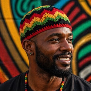 Op de afbeelding: Een gehaakte beanie in rood, geel, groen en zwart zigzagpatroon. De hoed wordt gedragen door een persoon met een zwarte baard en een zwart shirt. Een kralenketting met rode, gele en groene kralen is ook zichtbaar.