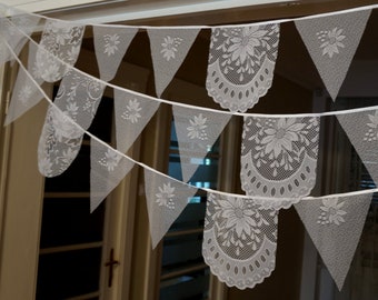 Romantic white lace 10ft 3m long bunting for wedding, bridal shower, baby shower, party decor, repurposed lace pennants banner