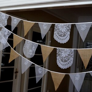 Romantic white lace and burlap 10ft 3m long bunting for wedding, bridal shower, baby shower, party decor, repurposed lace pennants banner