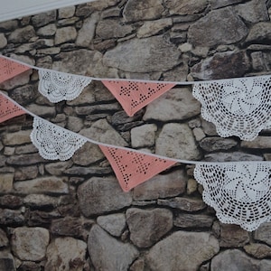 Pink peach and white doilies garland 7.6ft 2.3m- wedding or party decoration, bridal or baby shower decoration, vintage doily bunting