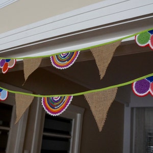 Rainbow - vintage multicolored doilies & burlap 6ft 1.8m garland, anniversary, baby shower, nursery bunting, wedding, garden party decor
