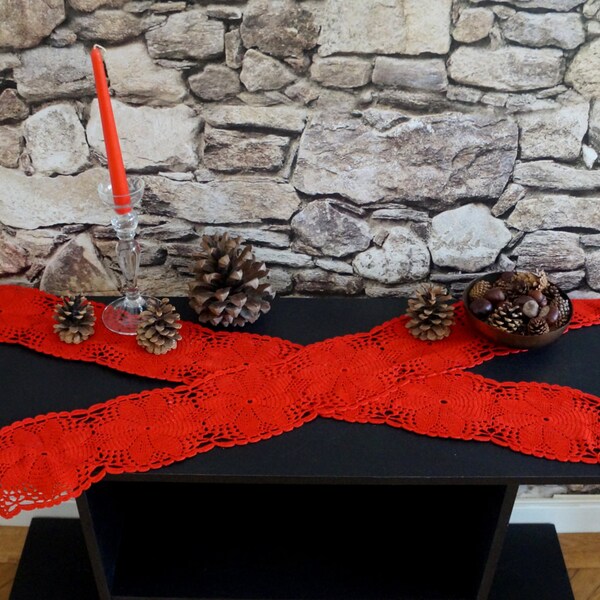 Set of 2 table runners, red cotton crochet with stars/ snowflakes/ flowers pattern, Christmas garland, mantel decor