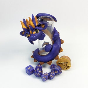 Dark Purple and Gold Dice Dragon Guardian Polymer Clay Figure