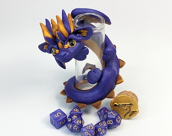 Dark Purple and Gold Dice Dragon Guardian Polymer Clay Figure