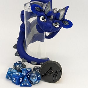 Navy Blue and Silver Dice Dragon Guardian Polymer Clay Figure