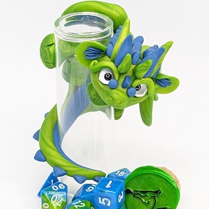 Bright Green and Teal Dice Dragon Guardian Polymer Clay Figure