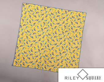 Koi Paisley Pocket Square, Blue on Yellow/Handkerchief/Fashion