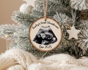 Ultrasound Ornament, Personalized Baby's First Christmas Tree Decor, Wood Slice Engraved Pregnancy Announcement Gift, New Mom Gift