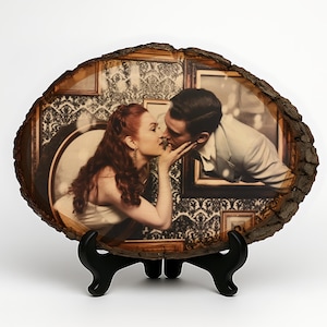 Custom Photo on Wood Slice with Bark – Personalized Wedding, Anniversary, Memorial, or Christmas Gift – Rustic Basswood Print with Engraving