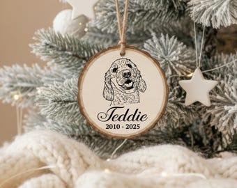 Custom Pet Portrait Ornament, Personalized Dog Cat Line Art Engraved Wood Slice, Pet Memorial Christmas Gift, Loss of Pet Tree Decor