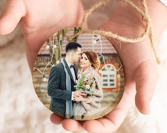 Custom Photo Christmas Ornament: Rustic Basswood Newlywed Gift
