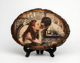 Engraved Wooden Photo Slice – Custom Picture Transfer to Wood for 5th Anniversary, Christmas, Memorial, Wedding, or Rustic Décor