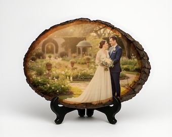 5th Anniversary Wood Plaque - Engraved Wedding Photo on Natural Wood Slice