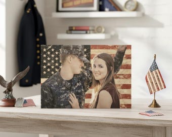 Custom Photo on Wood with American Flag - Patriotic Wall Art, Rustic USA Home Decor, Personalized Picture Keepsake