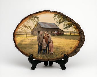 Rustic Farmhouse Decor - Custom Family Photo on Natural Wood Slice