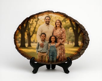 Custom Photo on Wood Slice with Natural Bark Edge - Personalized Basswood Plaque