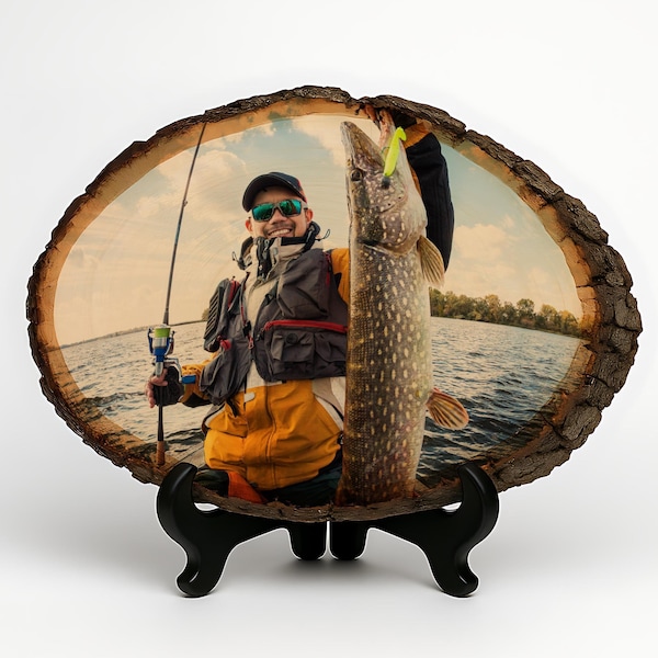 Custom Fishing Photo on Basswood: Personalized Wood Print with Bark Edge