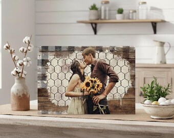 Custom Rustic Wood Photo Print - Personalized Farmhouse Wall Art With Chicken Wire & Buffalo Plaid Background, Wooden Picture Decor