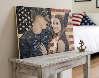 Custom Military Photo on Wood with American Flag - Personalized Patriotic Gift, Soldier Homecoming, Deployment, Anniversary Keepsake