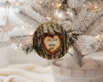 Personalized Carved Heart Ornament, Engraved Wood Anniversary Gift for Couple, Our First Christmas Married, Rustic Farmhouse Tree Decor
