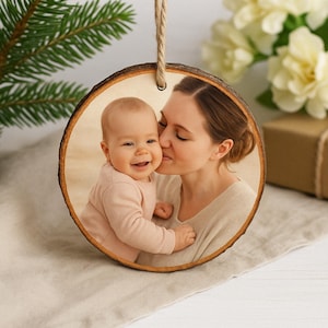 Mother’s Day Ornament – Mini Custom Photo on Wood Slice, Personalized Keepsake