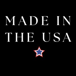 May include: White text on a black background reads "Made in the USA" with a red and blue star below.