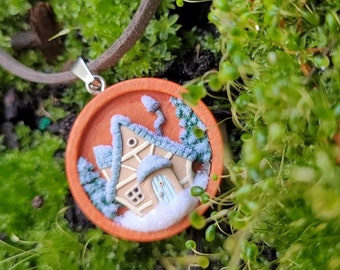 Snow Cottage Pendant, cute relief sculpey jewelry