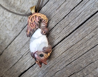 Squirrel with Howlite pendant, crystal, cute animal 3D sculpey necklace jewelry