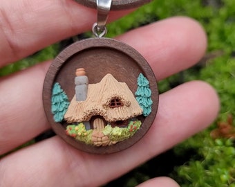 Thatch Cottage Pendant, cute relief sculpey jewelry