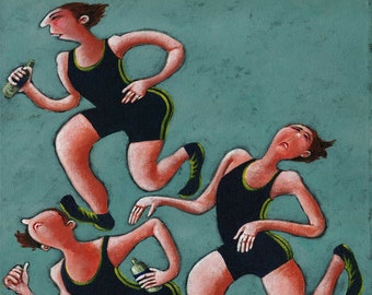 MARATHON RUNNERS funny humorous picture of people jogging by British artist Muriel Williams