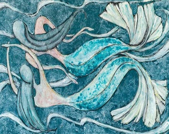 TWO MERMAIDS surreal picture of mermaids swimming by Welsh artist Muriel Williams