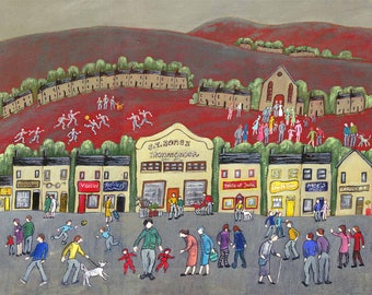 OUR VILLAGE nostalgic street scene by Welsh artist Muriel Williams