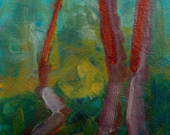 THREE RED TREES original abstract impressionist painting 1357