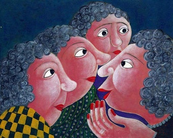 VILLAGE GOSSIP funny picture of gossiping old ladies by Welsh artist Muriel Williams