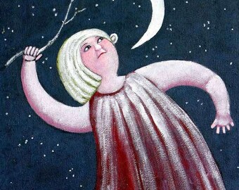 REACHING for the MOON cute nostalgic image of a girl trying to touch the moon with a stick by British artist Muriel Williams