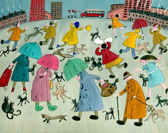 RAINING CATS and dogs funny street scene by Welsh artist Muriel Williams of people walking dogs