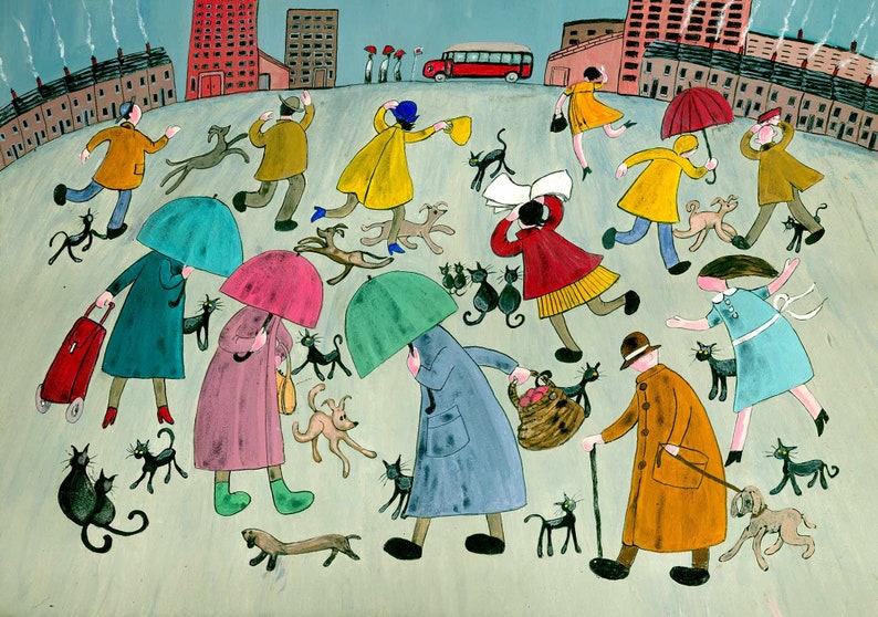 RAINING CATS and dogs funny street scene by Welsh artist Muriel Williams of people walking dogs image 1