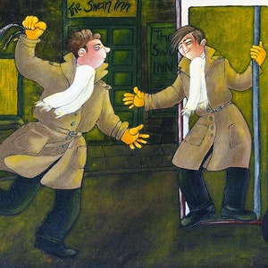 FIGHTING on the late bus quirky funny canvas picture by British artist Muriel Williams image 1