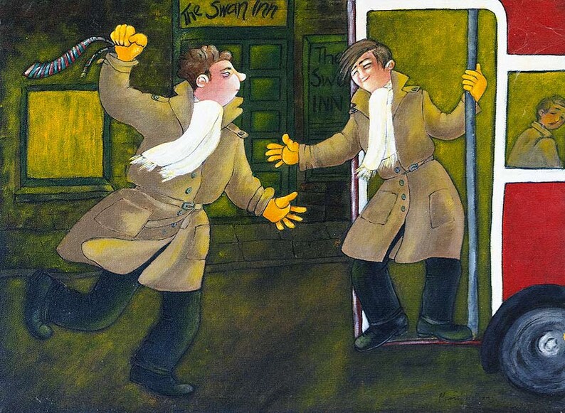 FIGHTING on the late bus quirky funny canvas picture by British artist Muriel Williams image 1